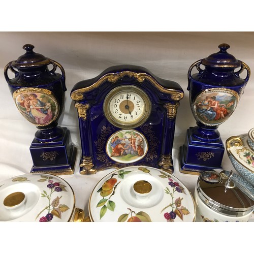 102 - Mixed pottery selection, garniture clock set, clock 26cm h, 2 Royal Worcester Evesham tureens 18.5cm... 