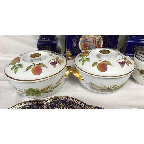 102 - Mixed pottery selection, garniture clock set, clock 26cm h, 2 Royal Worcester Evesham tureens 18.5cm... 