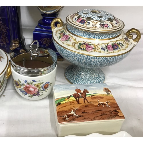 102 - Mixed pottery selection, garniture clock set, clock 26cm h, 2 Royal Worcester Evesham tureens 18.5cm... 