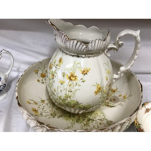 106 - Mixed lot of pottery, Victorian yellow floral jug and bowl, bowl 42cm w, Meakin Blue Nordic coffee p... 