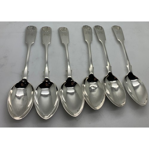 452 - Six shell and fiddle pattern silver teaspoons initialled to top. Total weight 145.6gm.