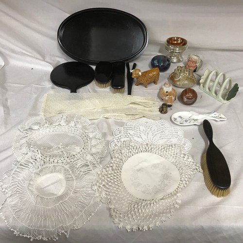 107 - Mixed lot to include ebony dressing table tray 36cm w with a vanity mirror and brush set with glove ... 