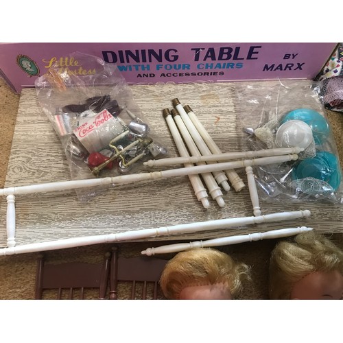 744B - Marx Toys, Little Hostess dining table and 4 chairs, boxed, four plastic dolls and a selection of ha... 