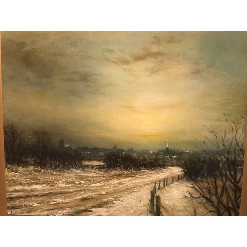 1091A - James Patrick oil painting on board, Kirkintilloch from Campsie Road, eastside. 1975, winter landsca... 