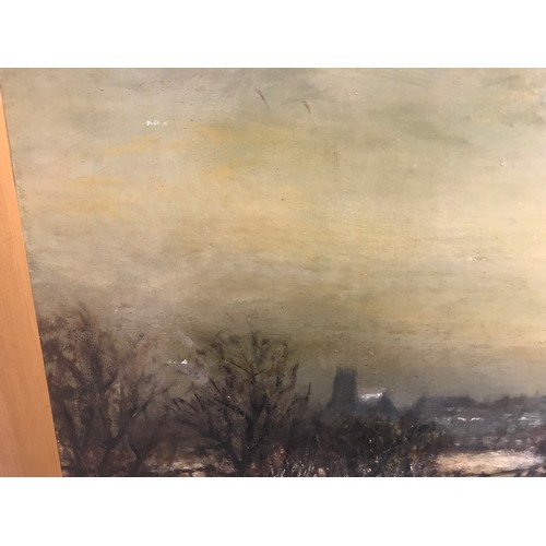 1091A - James Patrick oil painting on board, Kirkintilloch from Campsie Road, eastside. 1975, winter landsca... 