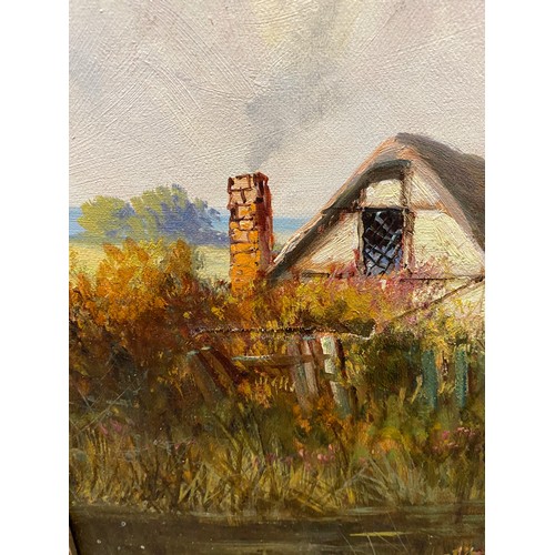 1087 - Joel Owen oil painting on canvas of river landscape with cottage on riverbank. Signed lower right da... 