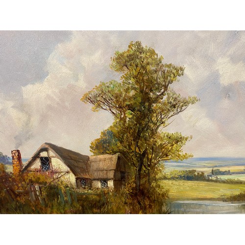 1087 - Joel Owen oil painting on canvas of river landscape with cottage on riverbank. Signed lower right da... 