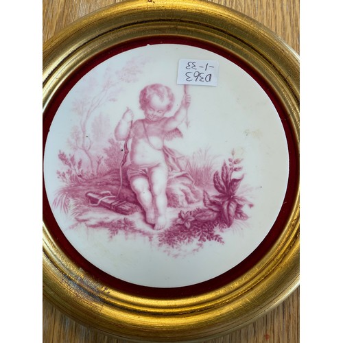 173 - Three pairs of decorative Continental plates with cherubs and courting couple together with 2 framed... 