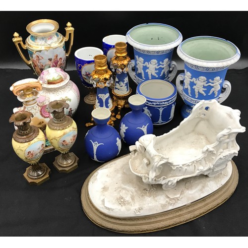 159 - A mixed lot of ceramics to include Jasperware style vases, goblets, Dresden ginger jar, 2 x pair of ... 