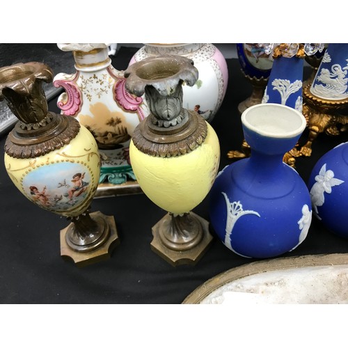 159 - A mixed lot of ceramics to include Jasperware style vases, goblets, Dresden ginger jar, 2 x pair of ... 