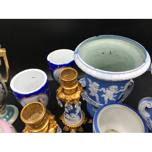 159 - A mixed lot of ceramics to include Jasperware style vases, goblets, Dresden ginger jar, 2 x pair of ... 