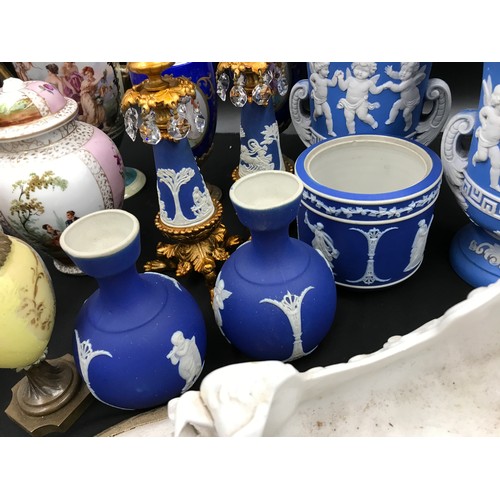 159 - A mixed lot of ceramics to include Jasperware style vases, goblets, Dresden ginger jar, 2 x pair of ... 