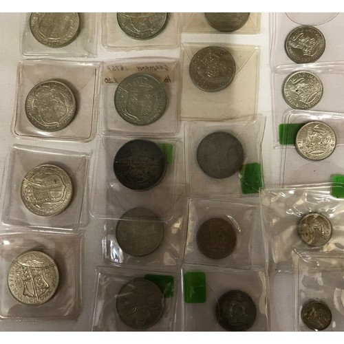 404 - Collection of 19 British silver coins from 1920-1947 to include half crowns, florins, one shilling, ... 