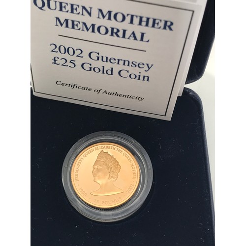 409 - A 2002 Guernsey Queen Mother Memorial Gold Proof £25 Coin. Case and certificate of authenticity.