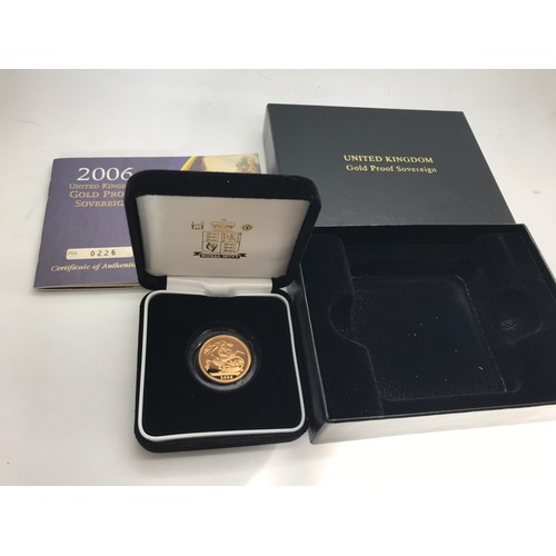 410 - A 2006 Royal Mint gold proof full sovereign, no. 0226, cased in box and certificate of authenticity.