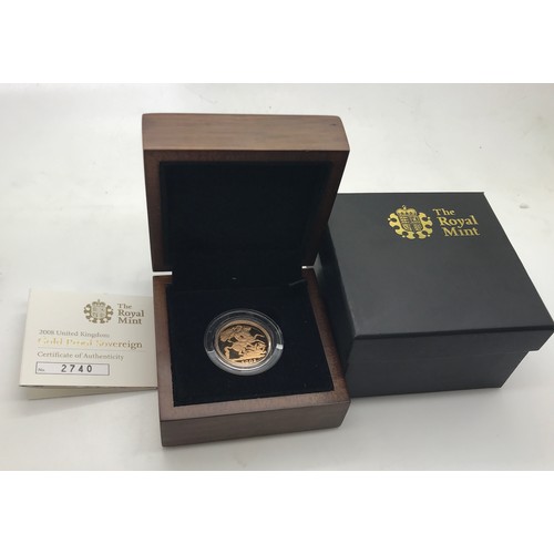 411 - A 2008 Royal Mint gold proof full sovereign, no. 2740, cased in box and certificate of authenticity.