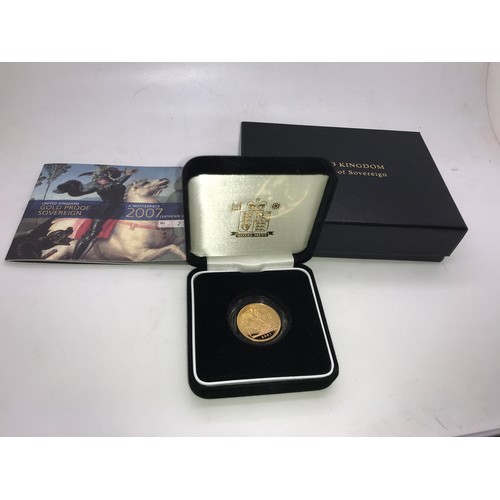 412 - A 2007 Royal Mint gold proof full sovereign, no. 2366, cased in box and certificate of authenticity.