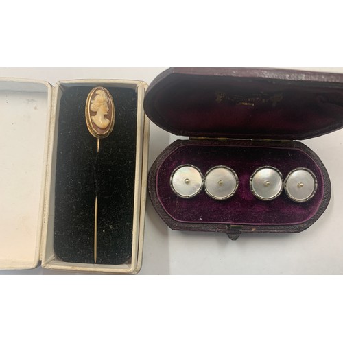 335 - Boxed buttons, mother of pearl and seed pearl together with cameo pin.