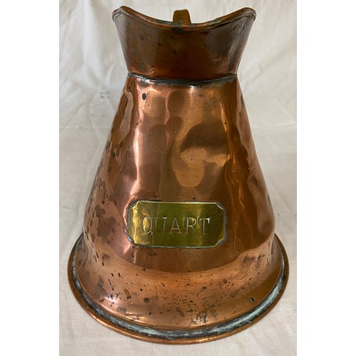 625 - Three copper jugs with brass plates denoting size i.e. Quart, Half Gallon and One Gallon. Tallest 29... 