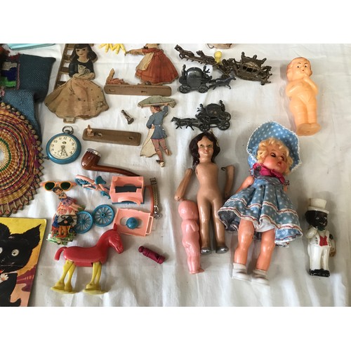 666 - Plastic and wooden toy selection, plush fur pink rabbit and a dog, plastic small dolls, wooden cut o... 