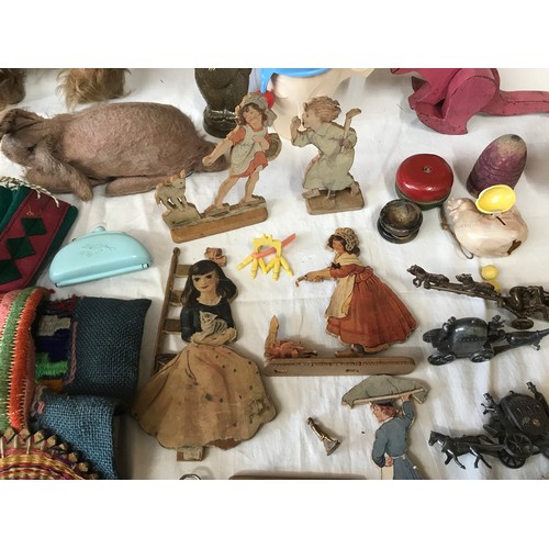 666 - Plastic and wooden toy selection, plush fur pink rabbit and a dog, plastic small dolls, wooden cut o... 