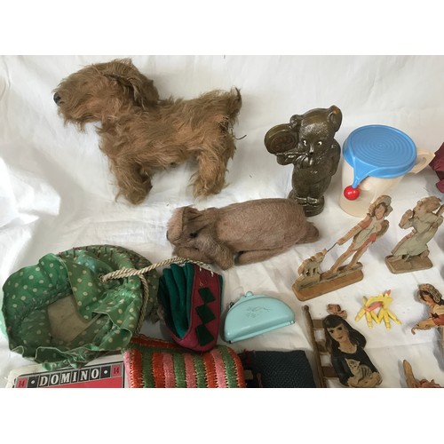 666 - Plastic and wooden toy selection, plush fur pink rabbit and a dog, plastic small dolls, wooden cut o... 