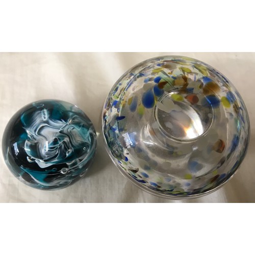 288 - Two glass paperweights, one multi coloured mushroom 10cm h, the other a Mdina Malta blue and white s... 