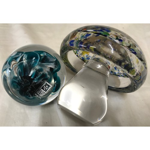 288 - Two glass paperweights, one multi coloured mushroom 10cm h, the other a Mdina Malta blue and white s... 