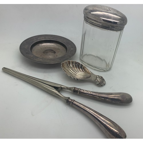 531 - Silver to include caddy spoon Birmingham 1964, silver handled glove stretchers, silver topped glass ... 