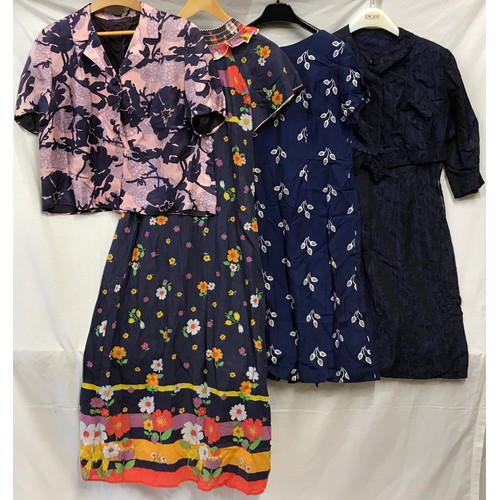 469 - A selection of vintage clothing to include a silk pink and navy short sleeved jacket, navy and multi... 