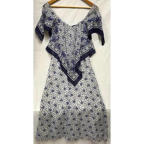 470 - A selection of vintage dresses to include a silver crocheted long 1970's dress, blue and white handk... 