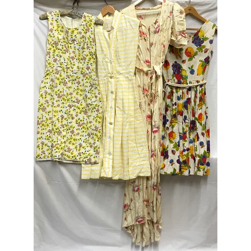 473 - A selection of vintage dresses to include a heavy linen dress with fruit pattern by Ragazze size 40,... 