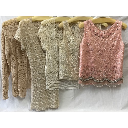 479 - A selection of 1960's vintage clothing to include two knitted sequined tops in pink by Huppert and c... 