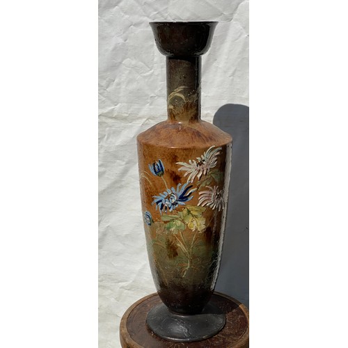 13 - A tall 19thC glazed vase depicting kingfisher and floral decoration. 77cm h.
