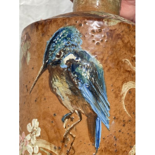 13 - A tall 19thC glazed vase depicting kingfisher and floral decoration. 77cm h.