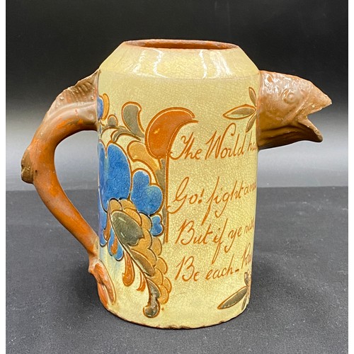 14 - A large collection of Studio pottery to include : C H Brannam Barum mottoware fish jug, dated 1891, ... 