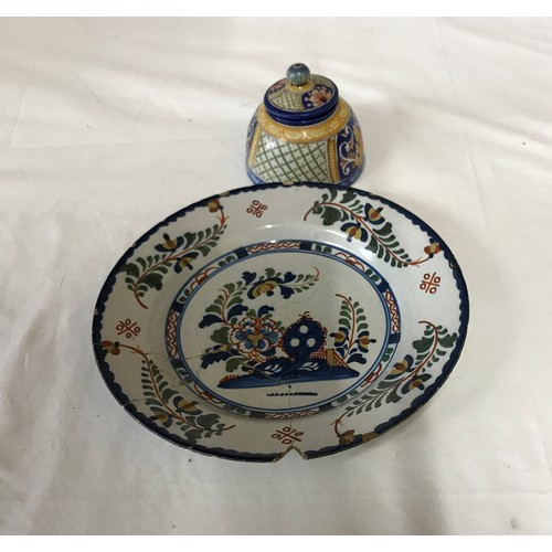 19 - Oriental earthenware plate A/F 23cm d and ceramic ink well 9.5cms h, 9cm d