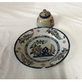Oriental earthenware plate A/F 23cm d and ceramic ink well 9.5cms h, 9cm d