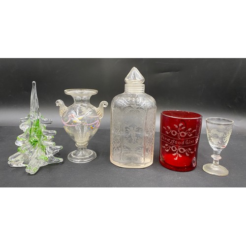 293 - Five glass items to include an etched jar with screw stopper 18cm h, red christening beaker 'For a g... 