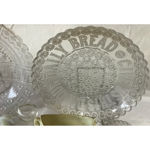 294 - A Collection of Victorian clear pressed glass to include 'Give us this day our daily bread' shallow ... 