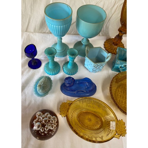 295 - A Collection of Victorian pressed glass to include blue 2 x goblets 15.5cms h, woven basket dish, ma... 