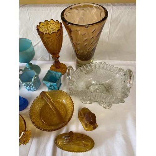 295 - A Collection of Victorian pressed glass to include blue 2 x goblets 15.5cms h, woven basket dish, ma... 