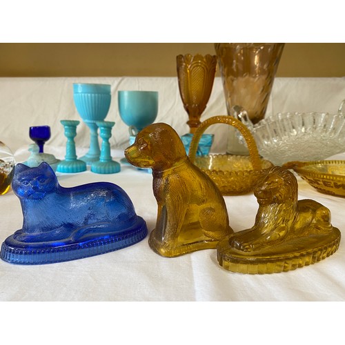 295 - A Collection of Victorian pressed glass to include blue 2 x goblets 15.5cms h, woven basket dish, ma... 