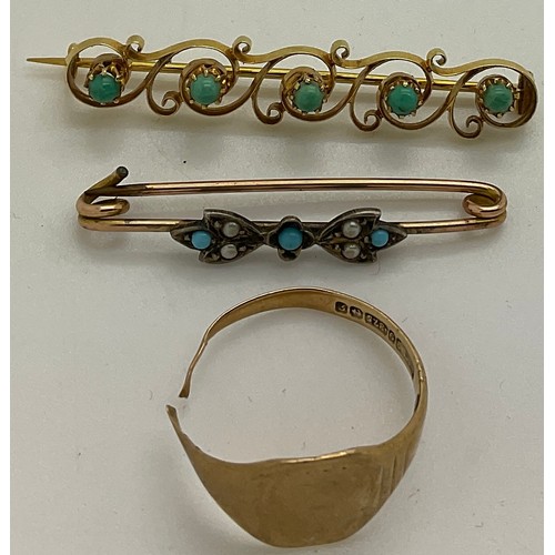 349 - Two yellow metal brooches set with turquoise and seed pearl and a 9ct signet ring. Signet ring weigh... 