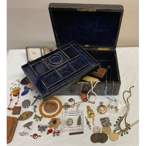 350 - Jewellery box and contents to include hallmarked silver crucifix, 925 silver and enamel brooch, Sara... 