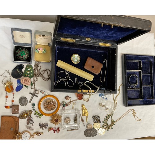 350 - Jewellery box and contents to include hallmarked silver crucifix, 925 silver and enamel brooch, Sara... 