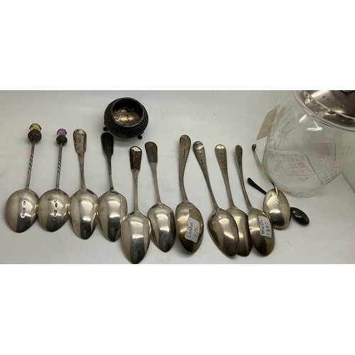 535 - Silver teaspoons, silver lidded jam pot and white metal salt, various dates and marks, total weighab... 