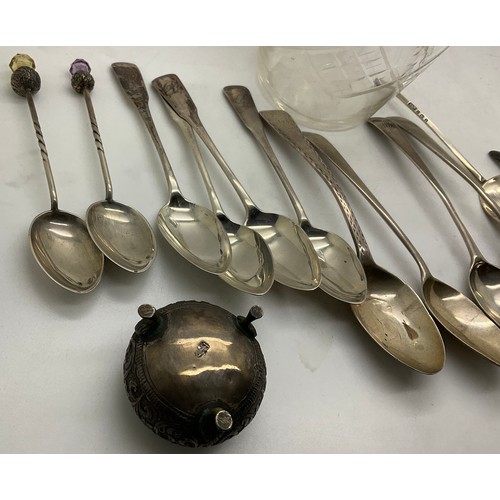 535 - Silver teaspoons, silver lidded jam pot and white metal salt, various dates and marks, total weighab... 