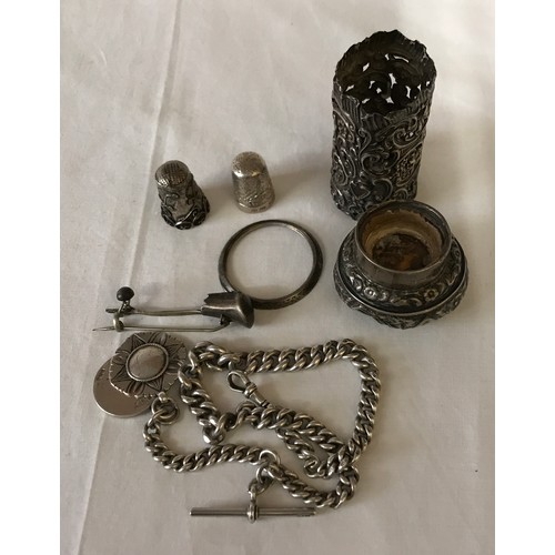 537 - Hallmarked silver and white metal to include chain and two fobs and other items.