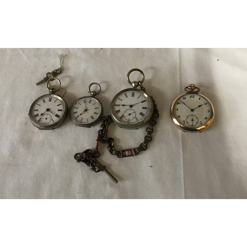 617 - Four pocket watches one rolled gold and three white metal. Largest white metal 5cms in diameter, rol... 